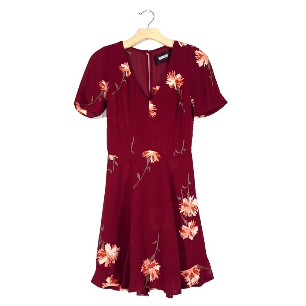 REFORMATION Gabriella Short Sleeve V-Neck Mini Dress Auburn Red Floral Print 0